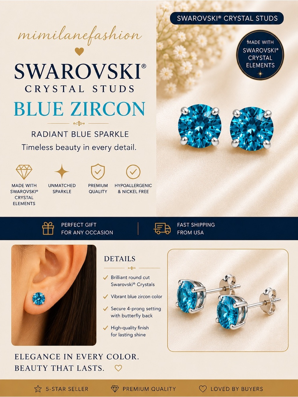 Blue Zircon Crystal Stud Earrings - Radiant Blue